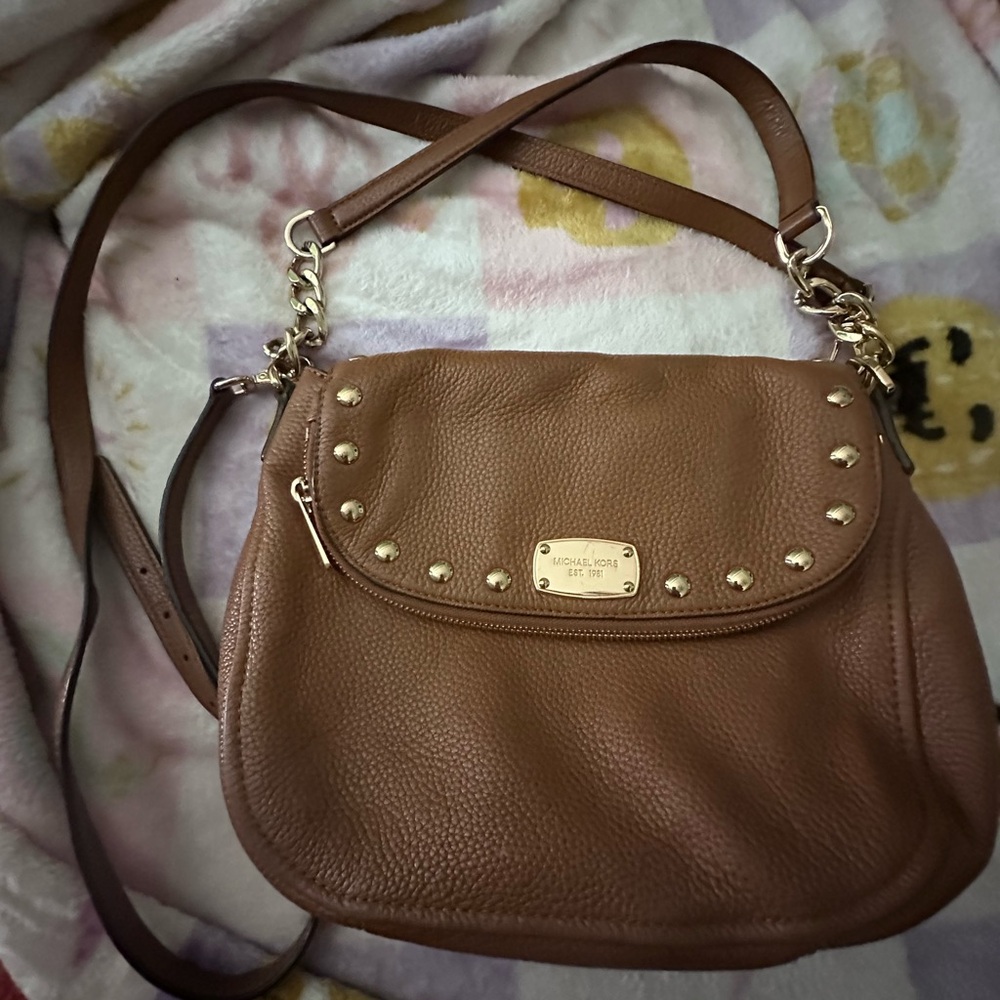Michael Kors Brown Pebbled Leather Crossbody Bag with Gold Accents